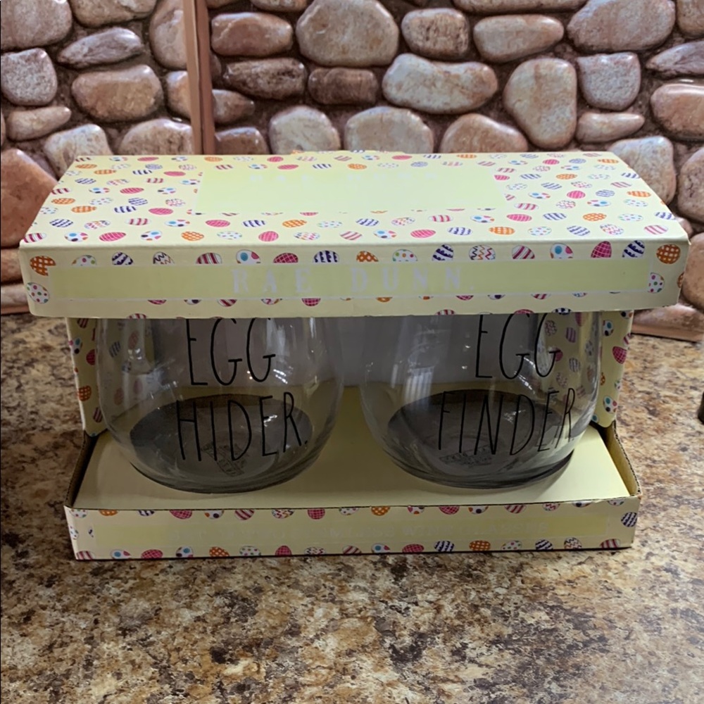 Rae Dunn By Enchante  Egg Hider and Finder Stemless Wine Glass Box  Set .